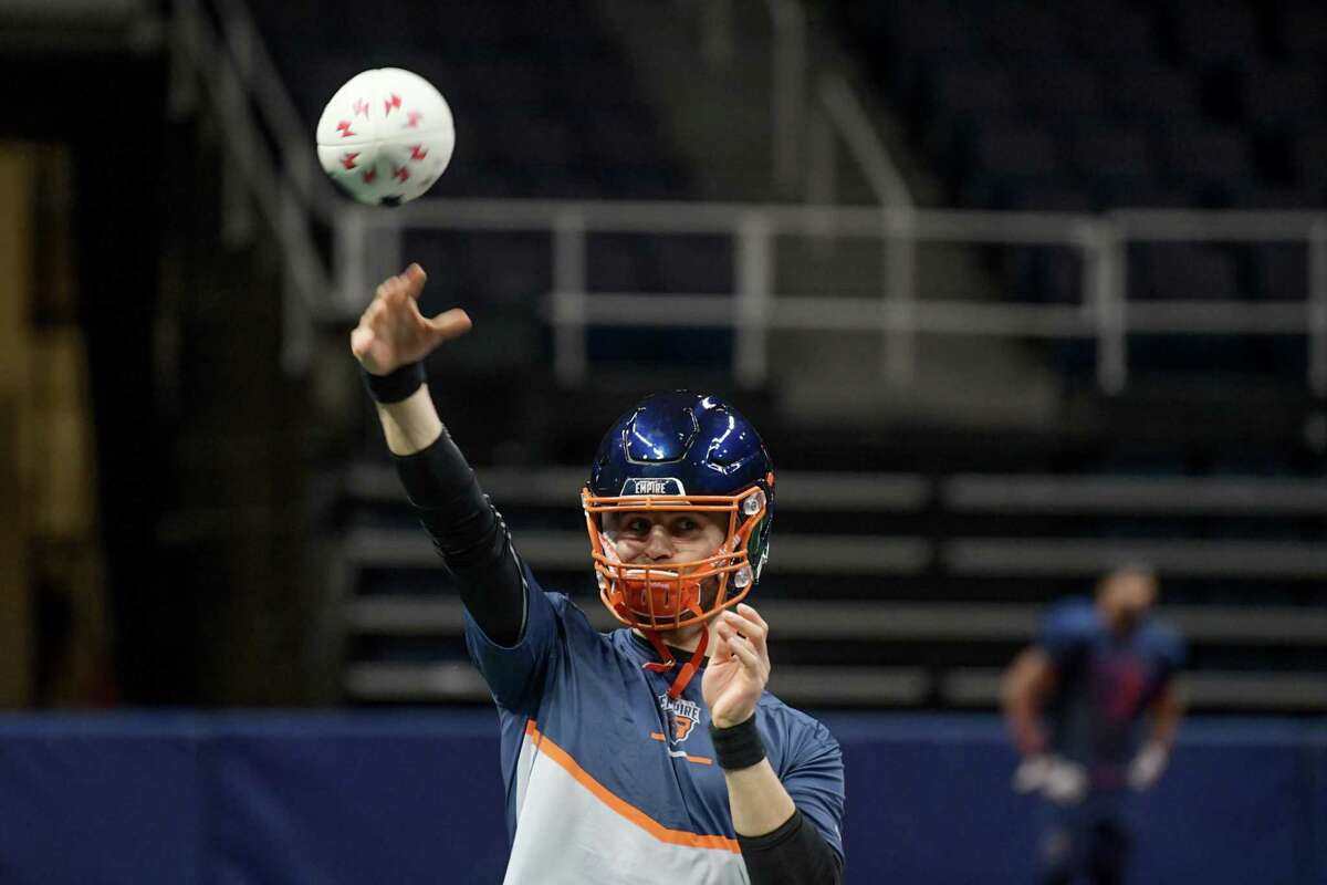 Albany Empire quarterback Mike Fafaul throws the ball during practice on Tuesday, April 19, 2022, in Albany, N.Y. (Paul Buckowski/Times Union)