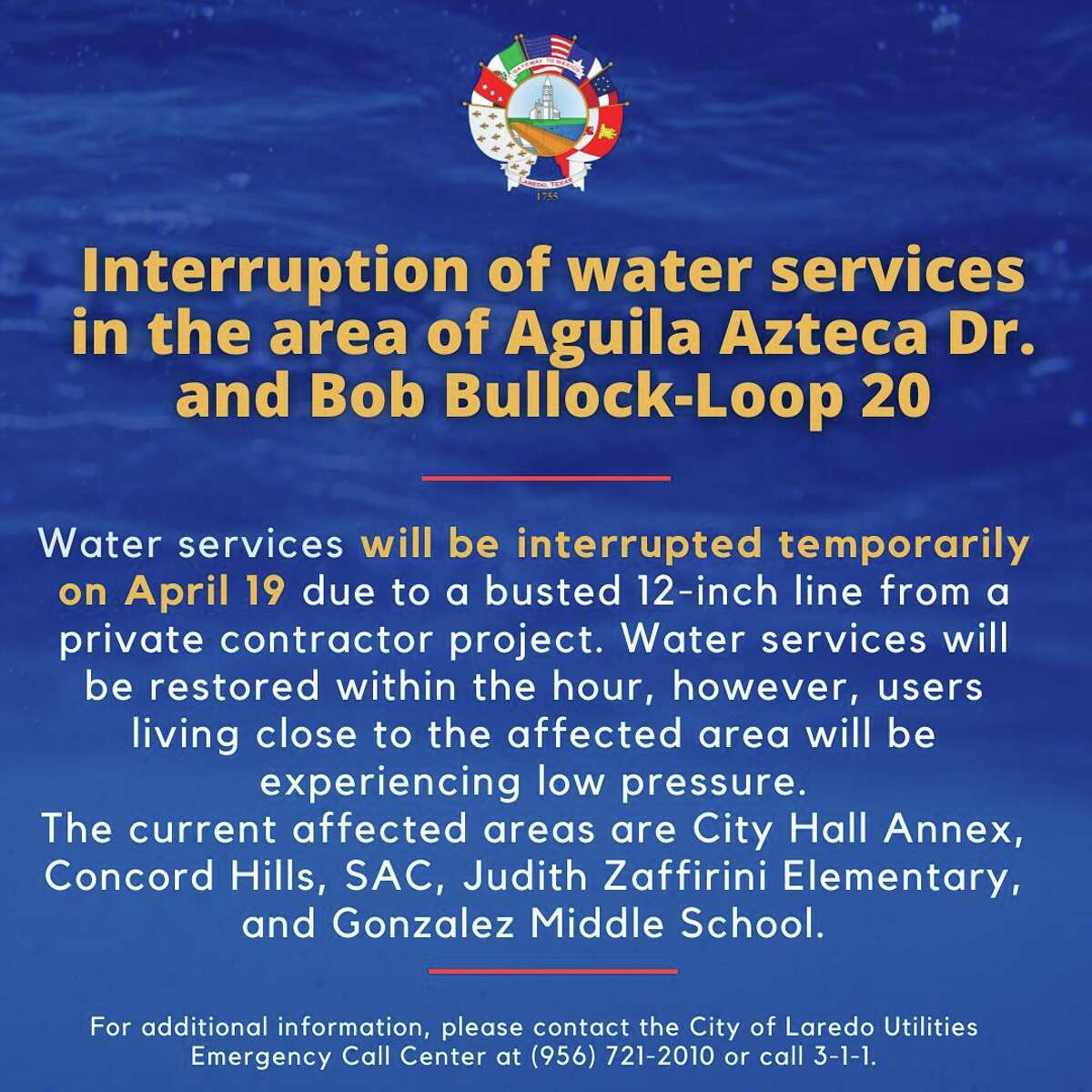 “Crews are isolating the area and water services will be restored within the hour. However, users close to the affected area will be experiencing low pressure.”