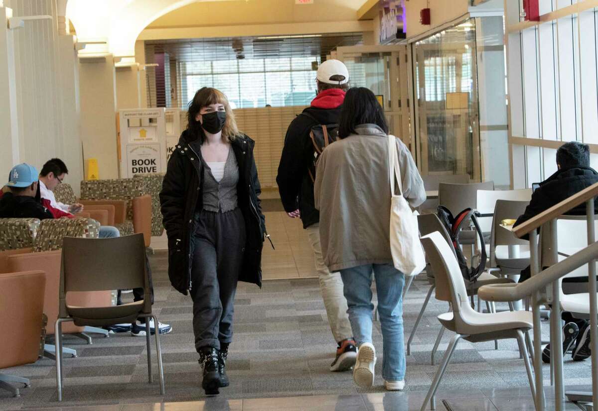 Students are seen in the campus center at University at Albany on Tuesday, April 19, 2022 in Albany, N.Y.