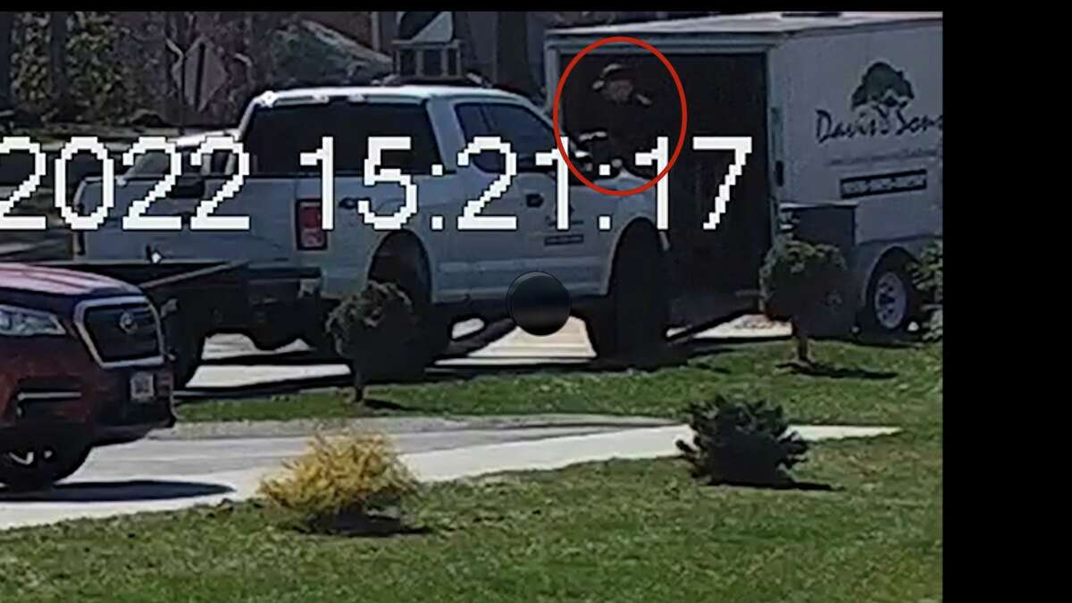 Police are searching for this man who drove a silver Kia while he stole a leaf blower and a chainsaw from a lawn care trailer in Dayville Friday afternoon.