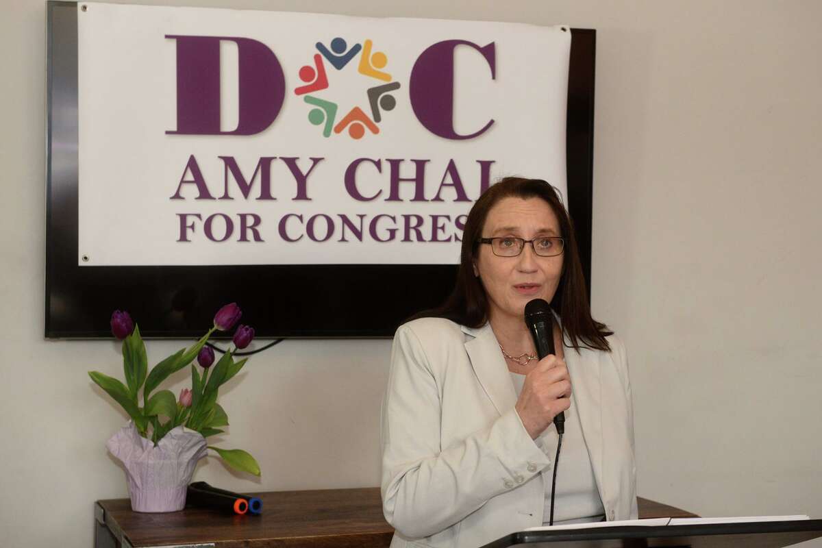 Dr. Amy Chai speaks during a news conference in New Haven April 19, 2022, announcing she will run for the congressional 3rd District seat as an independent candidate.