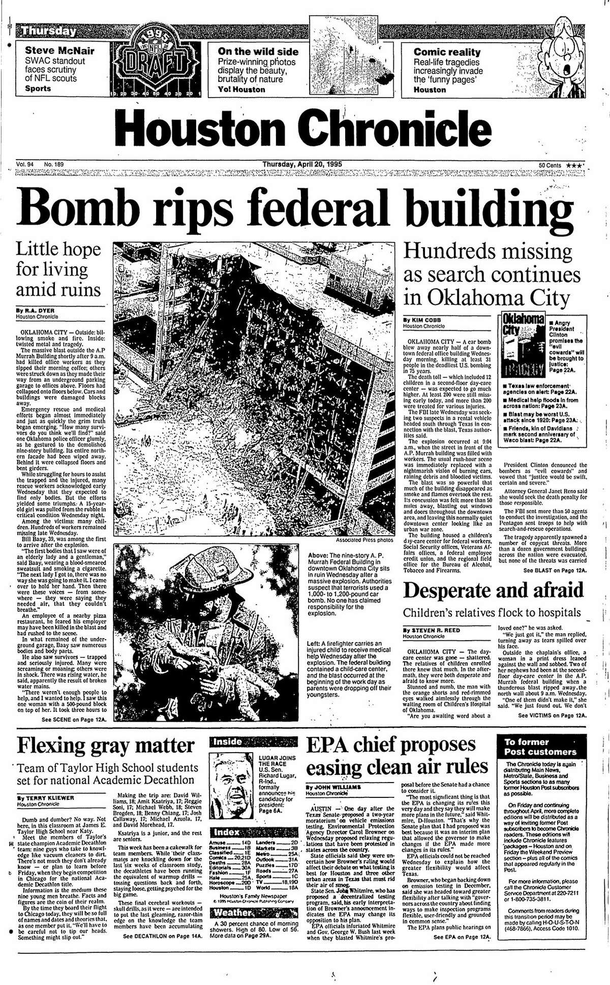 Houston Chronicle front page for April 20, 1995.