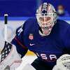 United States goalkeeper Strauss Mann of Greenwich plays against Slovakia during the Olympic quartefinals on Feb. 16 in Beijing. Mann, and Brunswick alum, signed his first NHL contract on Tuesday with the San Jose Sharks.