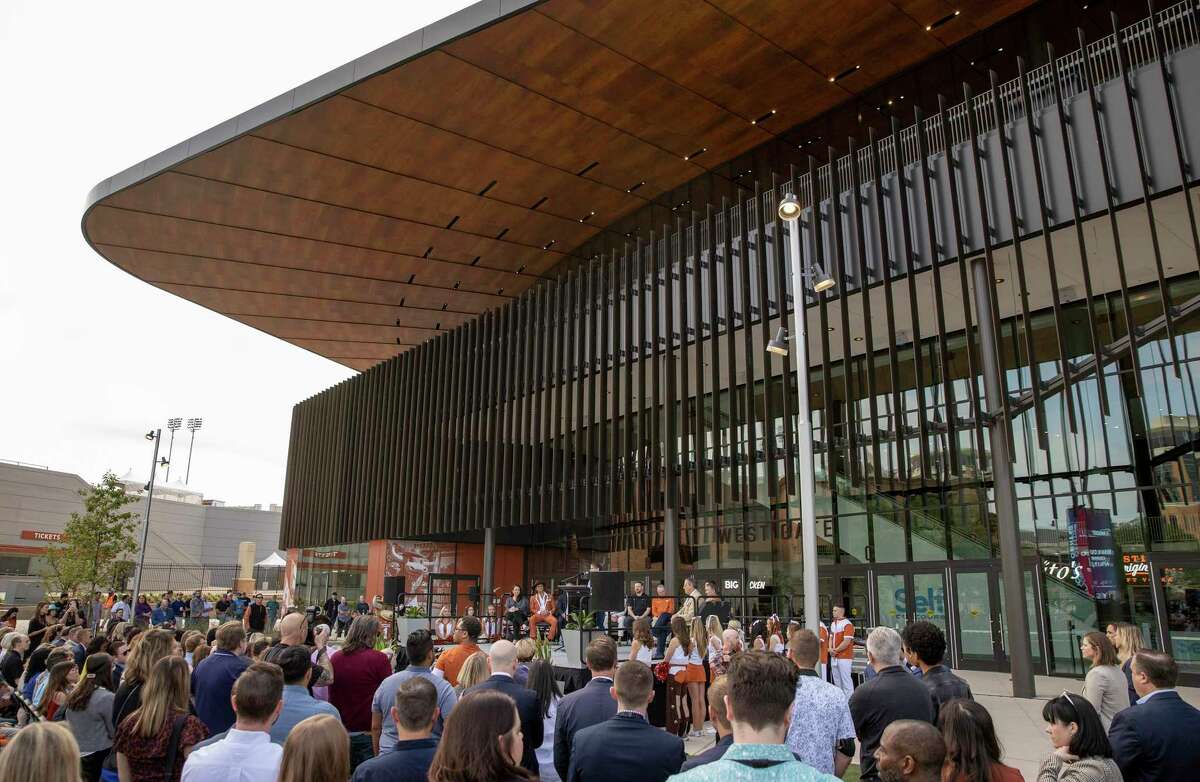 A range of dignitaries held court at Tuesday’s ribbon-cutting ceremony outside the Moody Center, which is much more pleasing to the eye than the Erwin Center.