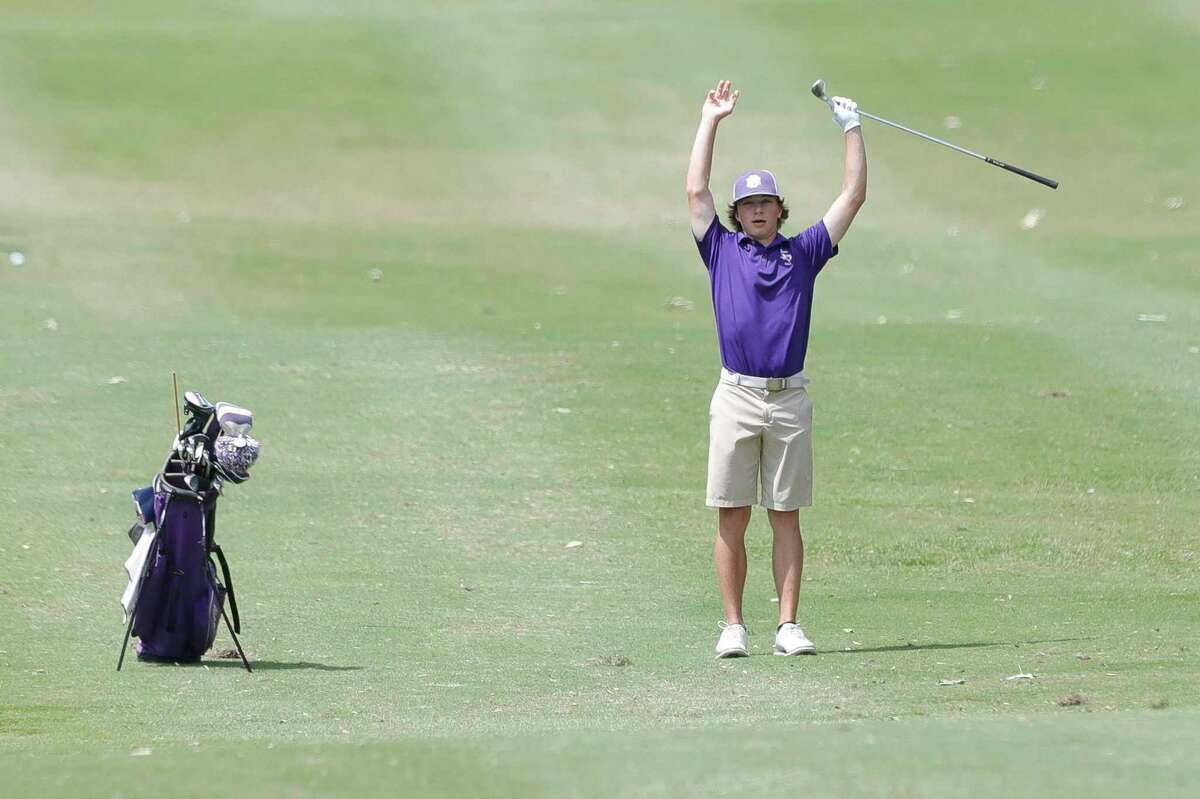 Montgomery’s Dillon Barnard reacts after hitting a shot for eagle from the 18th fairway during the final round of the Region III-5A golf championship at Margaritaville Lake Resort, Tuesday, April 19, 2022, in Montgomery.