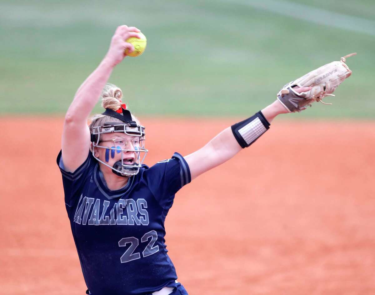in the first inning of a District 13-6A high school softball game at Oak Ridge High School, Tuesday, April 19, 2022.