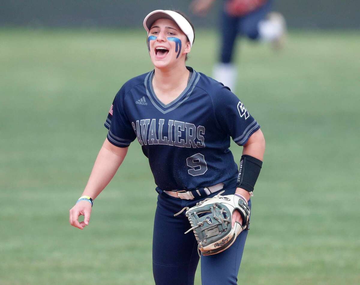 College Park shortstop Ava Mccracken (9) cheers after starting pitcher Arriana Wright strikes out Cheyenne Conway #2 of Oak Ridge in the first inning of a District 13-6A high school softball game at Oak Ridge High School, Tuesday, April 19, 2022.