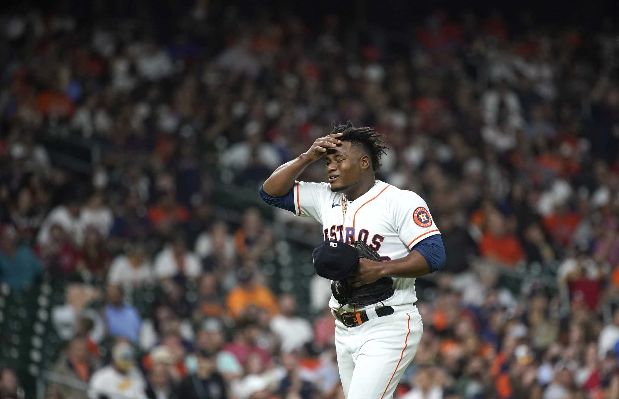 Houston Astros starting pitcher Ronel Blanco looks up after being pulled by  manager Dusty Baker Jr. during the sixth inning of a baseball game against  the Los Angeles Angels Thursday, June 1