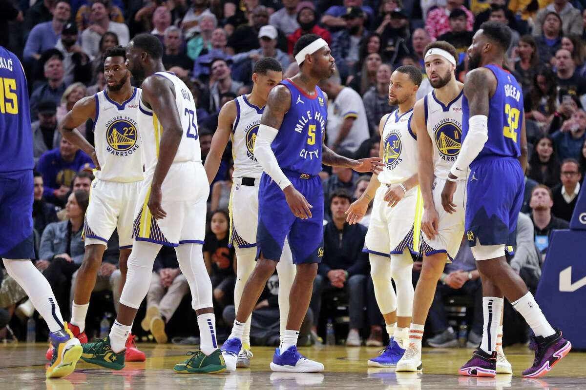 Golden State Warriors’ Andrew Wiggins, Draymond Green, Jordan Poole, Stephen Curry and Klay Thompson against Denver Nuggets in Game 2 of NBA Western Conference 1st round playoff series at Chase Center in San Francisco, Calif, on Monday, April 18, 2022.