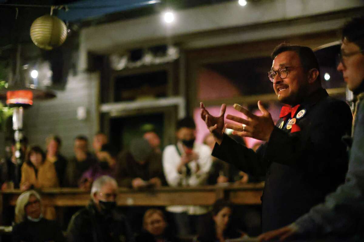 Former San Francisco Supervisor David Campos speaks to supporters gathered at El Rio on Tuesday as results from the special election came in.