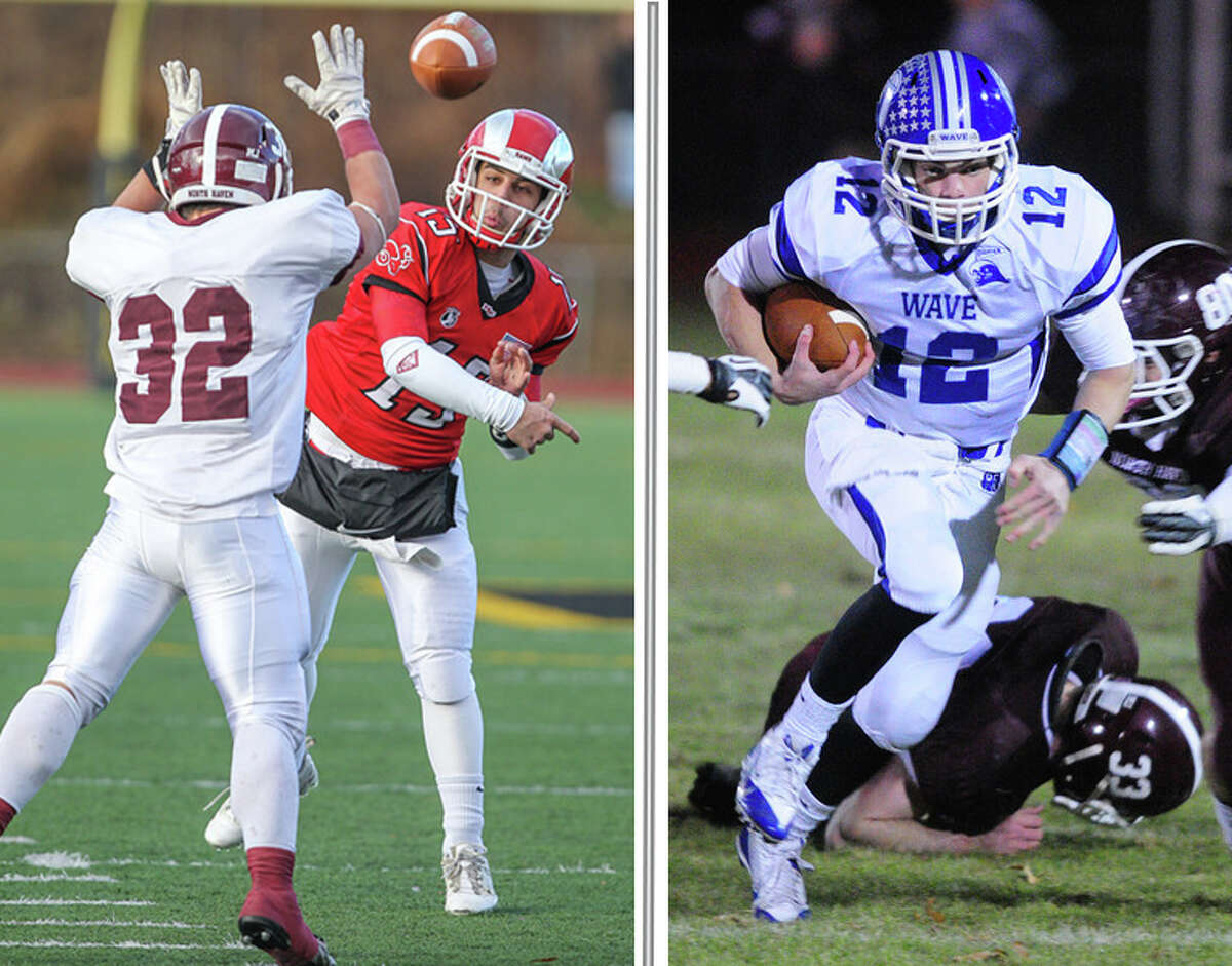 Border rivals New Canaan, led by QB Nick Cascione (left) and Darien, led by QB Silas Wyper, face off in their own backyards for the Class L title (photos John Vanacore, for the Register)
