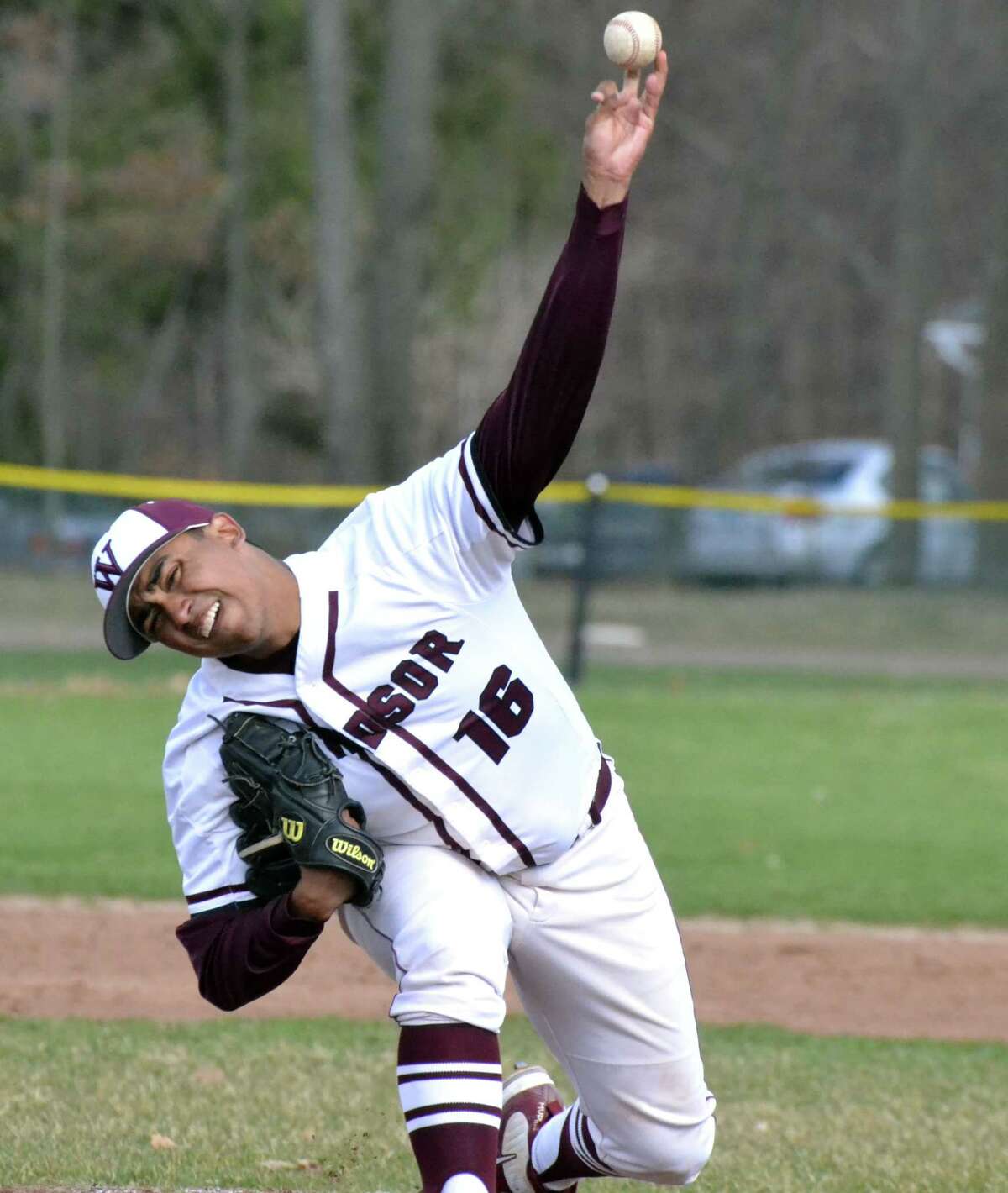Windsor’s Alex Rosario pitches against Wethersfield on Wednesday, April 18, 2018. (Pete Paguaga, Hearst Media Group)