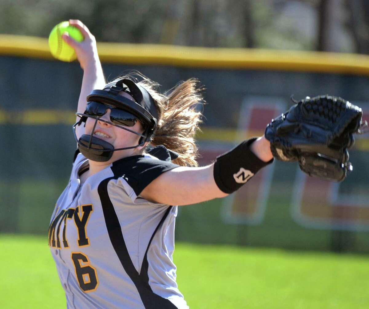 Amity’s Grace Whitman pitches against Cheshire on Monday April 23, 2018. (Pete Paguaga, Hearst Media Group)