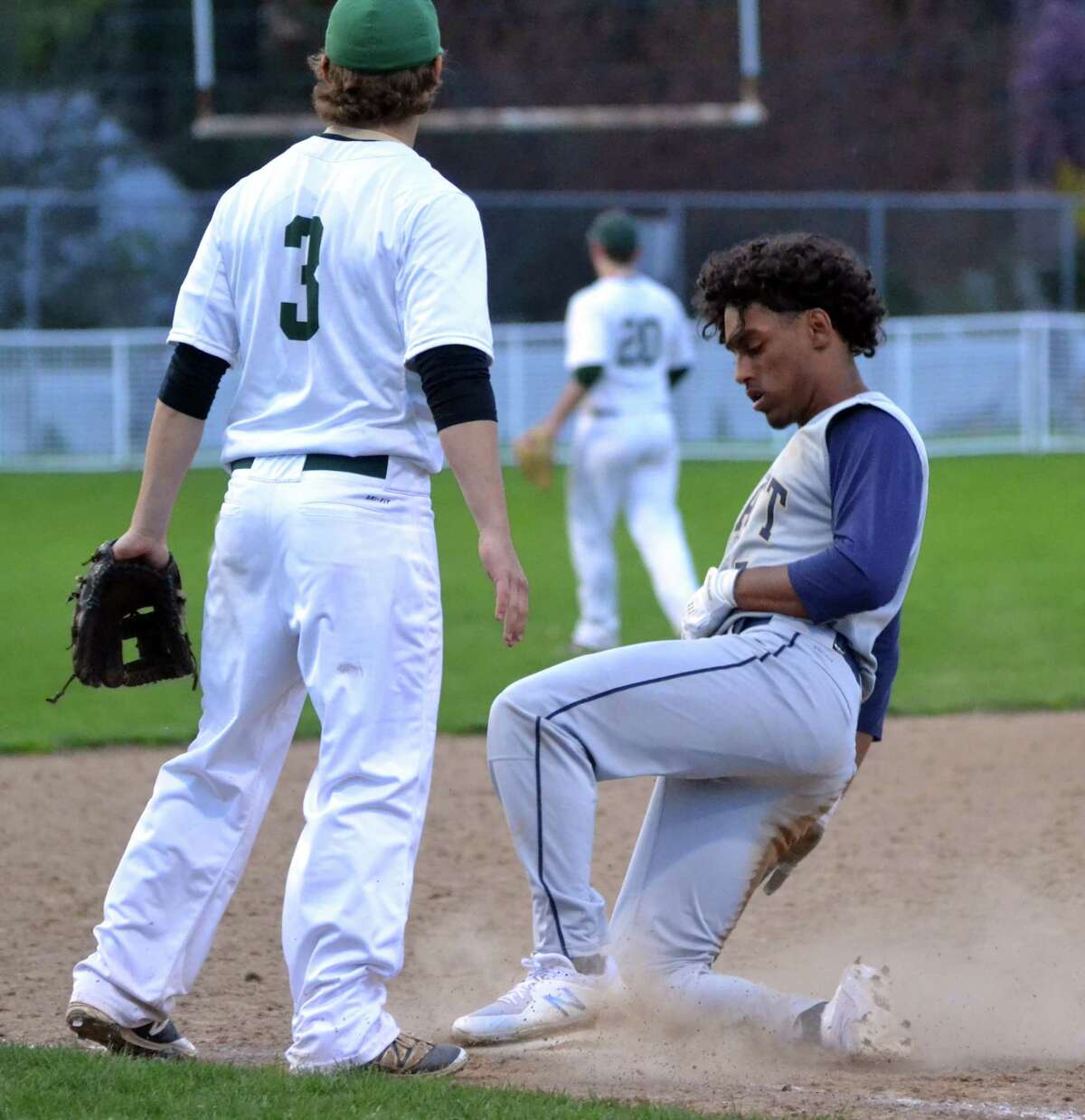 Platt’s EJ Dudley slides into third base for a triple against Maloney on Wednesday, May 2, 2018. (Pete Paguaga, Hearst Media Company)