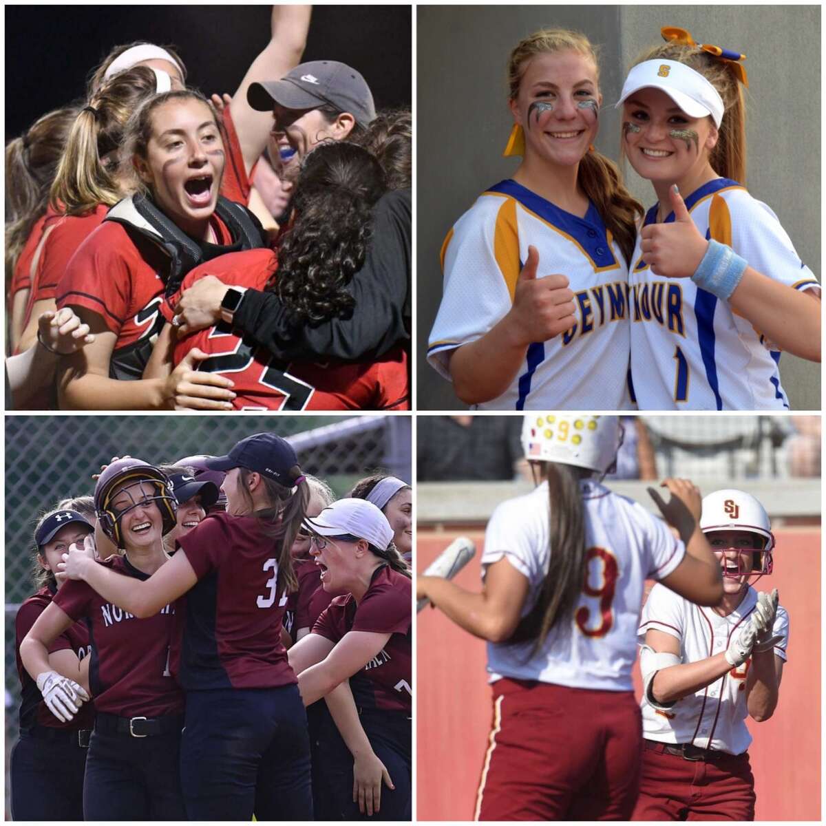 Clockwise, from top left — SWC champion Masuk is No. 1, NVL Champion Seymour is No. 2 while FCIAC champion St. Joseph and SCC Champion North Haven join the postseason Top 10 softball poll. (Photos Hearst Connecticut Media)