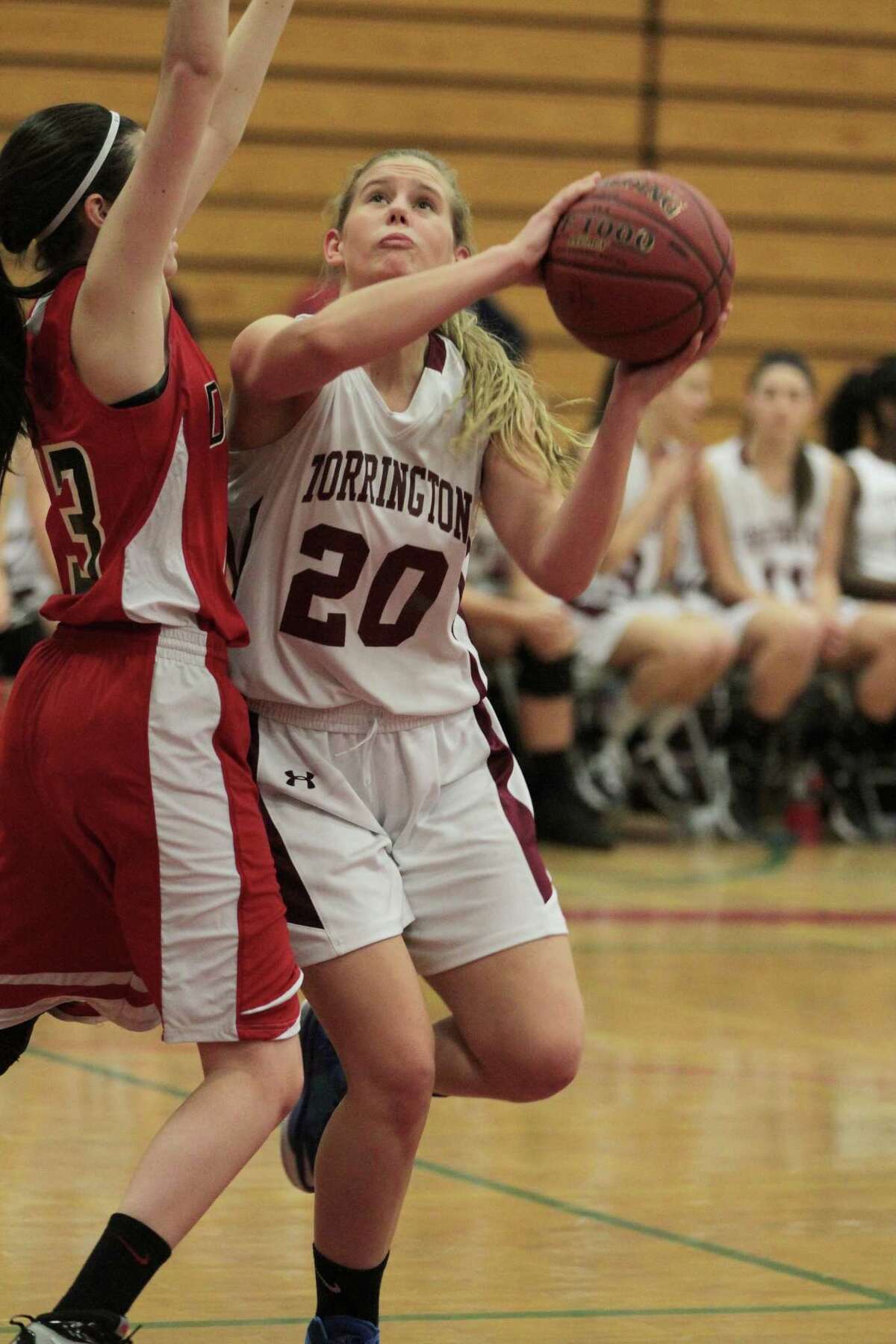Torrington’s Brittany Anderson goes up for a layup during the Red Raiders 71-41 win over Derby. Anderson finished with five points.