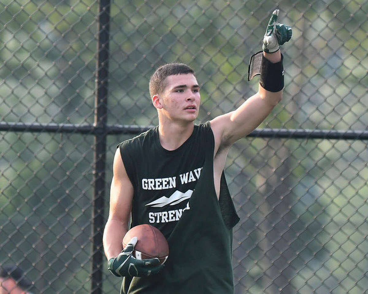 New Milford’s Hunter Skelly during summer passing league football at Brookfield, July 16, 2018. (Photo: Krista Benson)