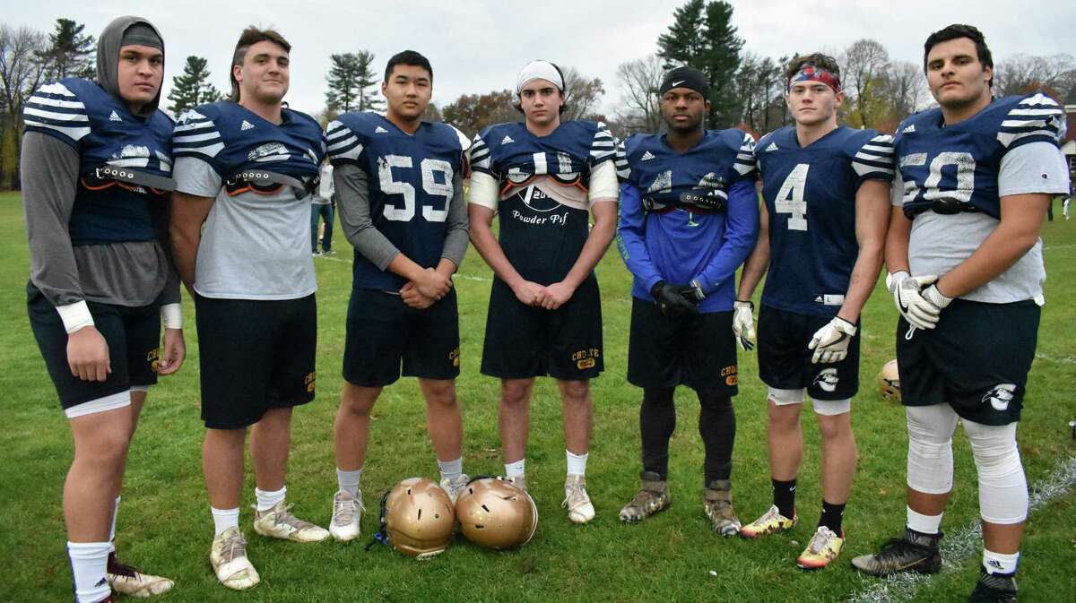From the left, North Peters, Crawford Sargent, Jonny Wu, Jack Fiala, Rashaud Conway, Sean Dennehy and Gary Kazanjian are all from Connecticut and star for the 9-0 Choate Wildboars. (Pete Paguaga, Hearst Connecticut Media)