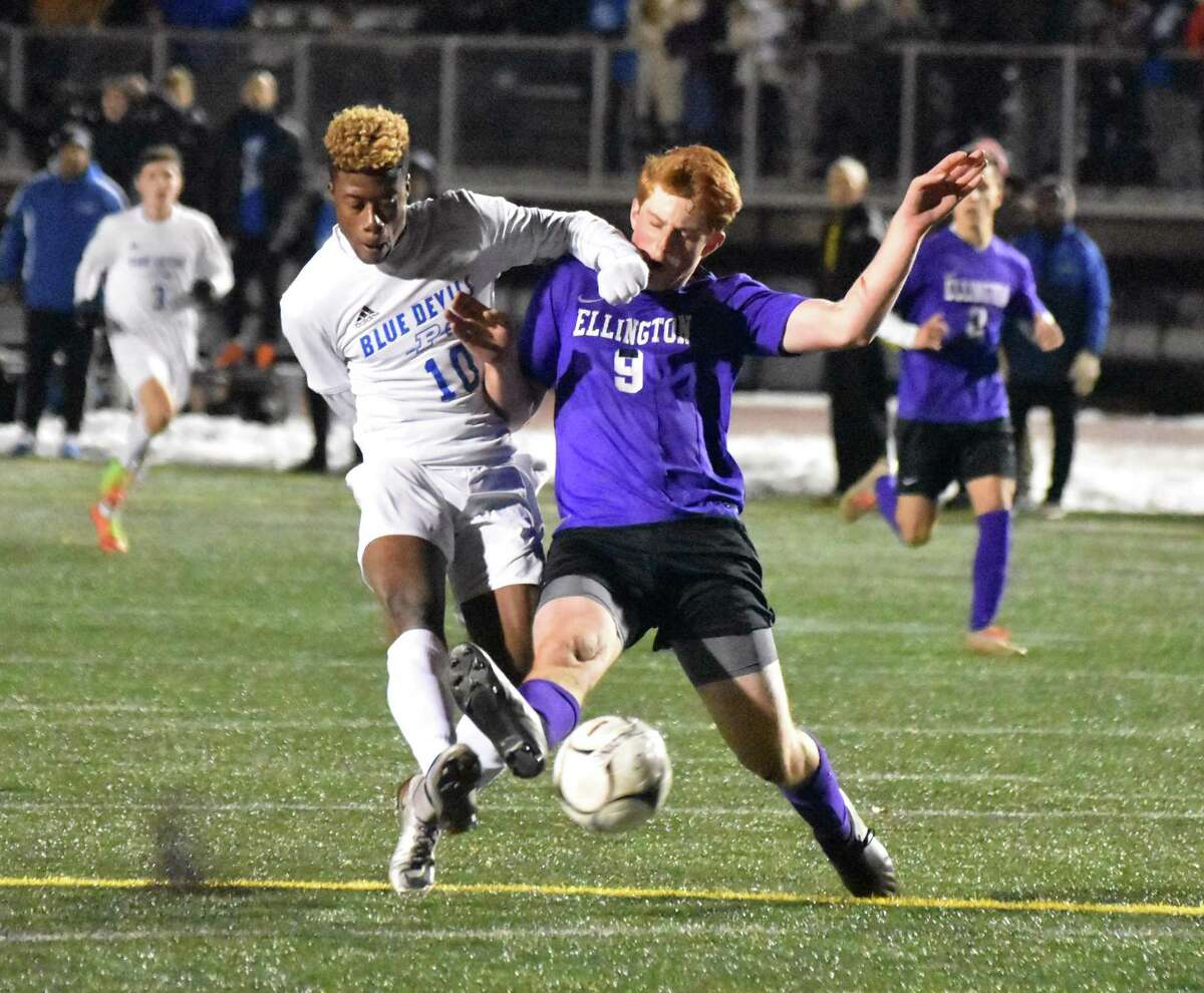 Action from the Class M boys soccer state championship game between Plainville and Ellington at Willowbrook Park, New Britain on Sunday, November 18, 2018. (Pete Paguaga, Hearst Connecticut Media)