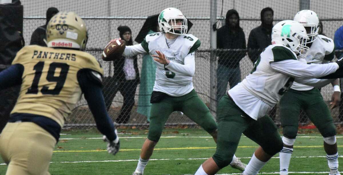 Maloney’s Elliott Good throws a pass in the Class L semifinals game between Maloney and Platt at Falcon Field, Meriden on Sunday, December 2, 2018. (Pete Paguaga, Hearst Connecticut Media)