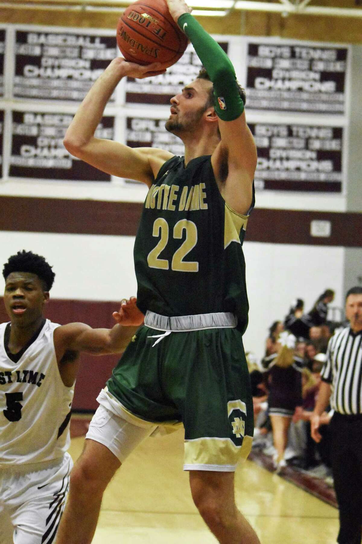 Notre Dame-West Haven’s Connor Raines shoots vs. East Lyme at East Lyme on Saturday, December 15, 2018. (Pete Paguaga, Hearst Connecticut Media)