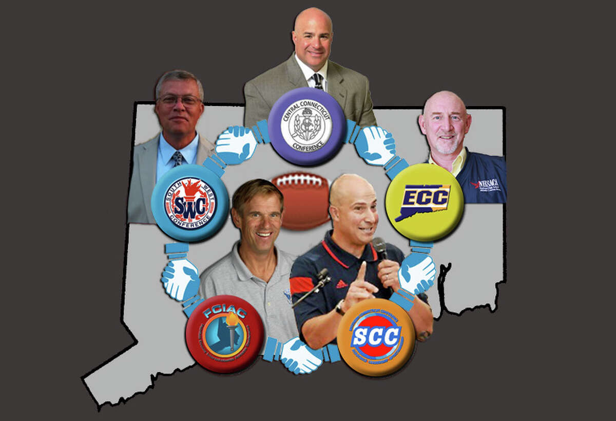 The 2019 Connecticut High School Football Alliance’s 2019 lineup: Clockwise, from top left: The SWC’s Dave Johnson, the CCC’s Dan Scavone, the ECC’s Gary Makowicki, the SCC’s Al Carbone and the FCIAC’s Dave Schulz. (Illustration by Sean Patrick Bowley)