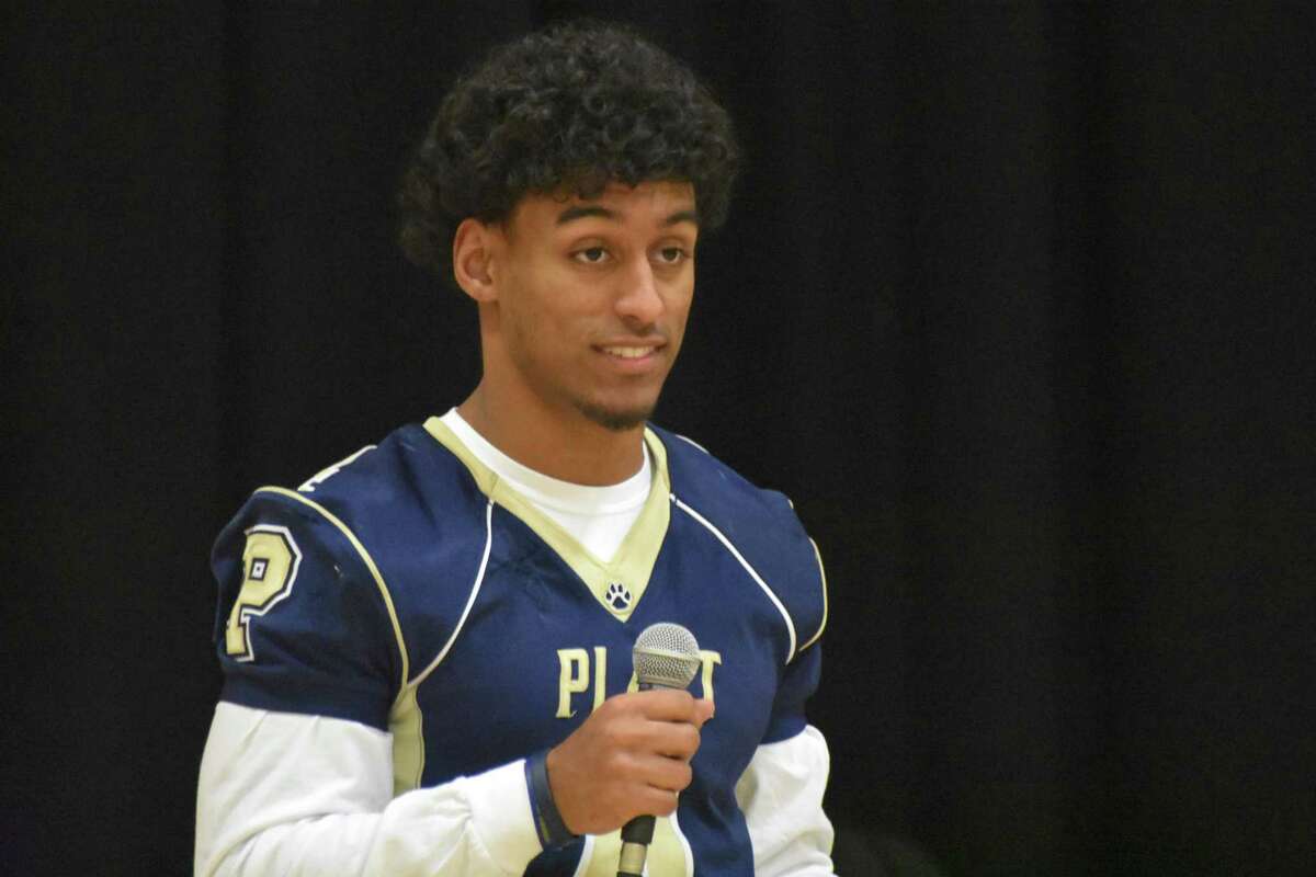 Platt’s EJ Dudley asks a question to the students at Benjamin Franklin Elementary School in Meriden on Tuesday, February 5, 2019. (Pete Paguaga, Hearst Connecticut Media)