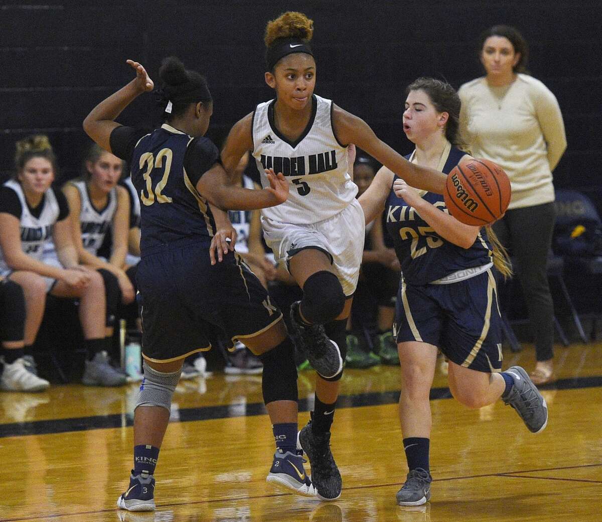 Action from the high school girls basketball game between King School and Hamden Hall at King School in Stamford, Conn. Tuesday, Jan. 8, 2019.
