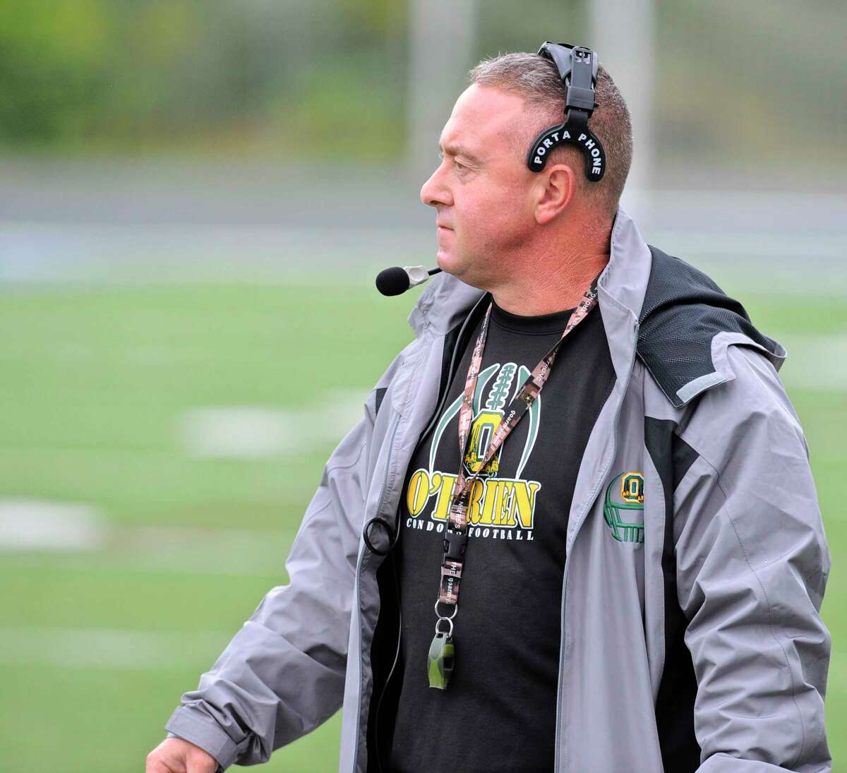 O'Brien Tech head coach Nick Aprea during the high school football game between O'Brien Tech and ATI United on Saturday afternoon, October 1, 2016, at Immaculate High School, Danbury, Conn.