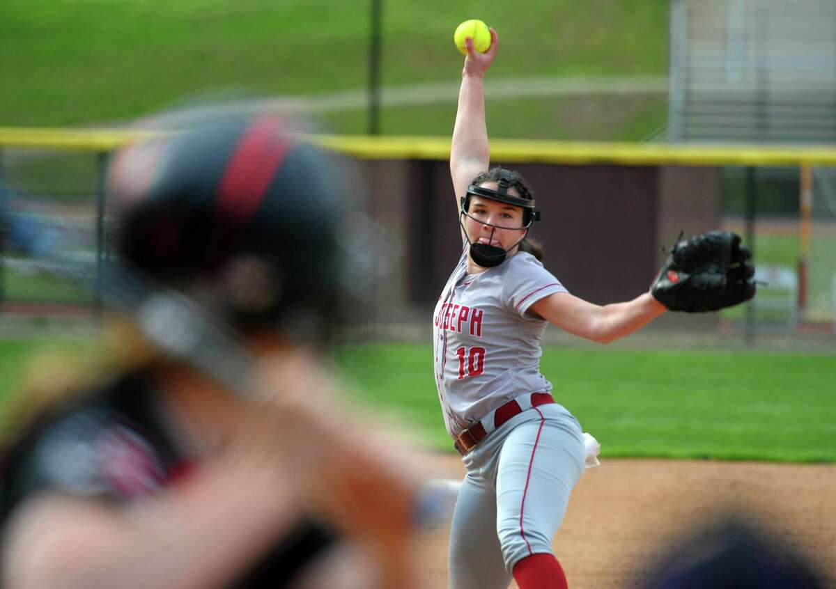 St. Joseph's Payton Doiron (10) pitches against Cheshire during softball action in Trumbull, Conn., on Wednesday April 25, 2019.