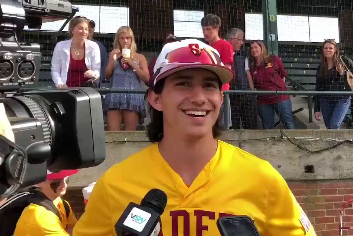 Stephen Paolini talks with reporters after St. Joseph’s 3-0 victory over Rockville in the Class S semifinals. He was drafted in the 5th round by the Atlanta Braves on the same day (Photo Will Aldam)