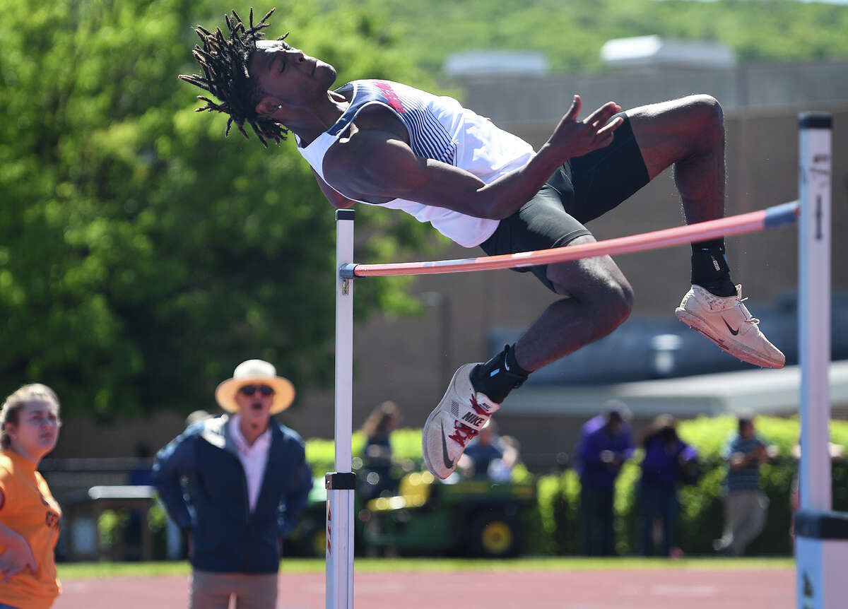 Brien McMahon's Justin Forde jumps 6 feet 8 inches for a second place finish in the high jump at the FCIAC Outdoor Track and Field Championship at Southern Connecticut State University in New Haven, Conn. on Tuesday, May 21, 2019.
