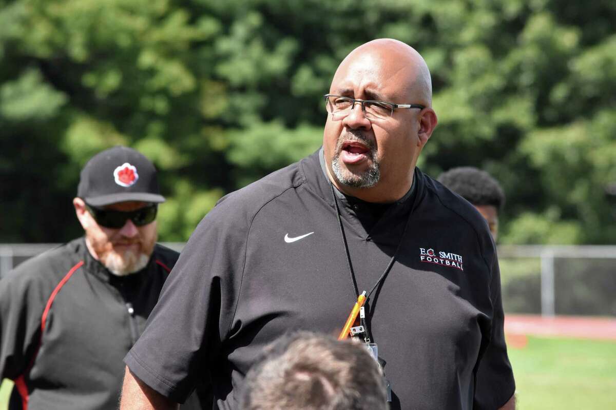 E.O. Smith coach James Kelly at a scrimmage at Stafford high school, Stafford on Saturday, August 31, 2019. (Pete Paguaga, Hearst Connecticut Media)