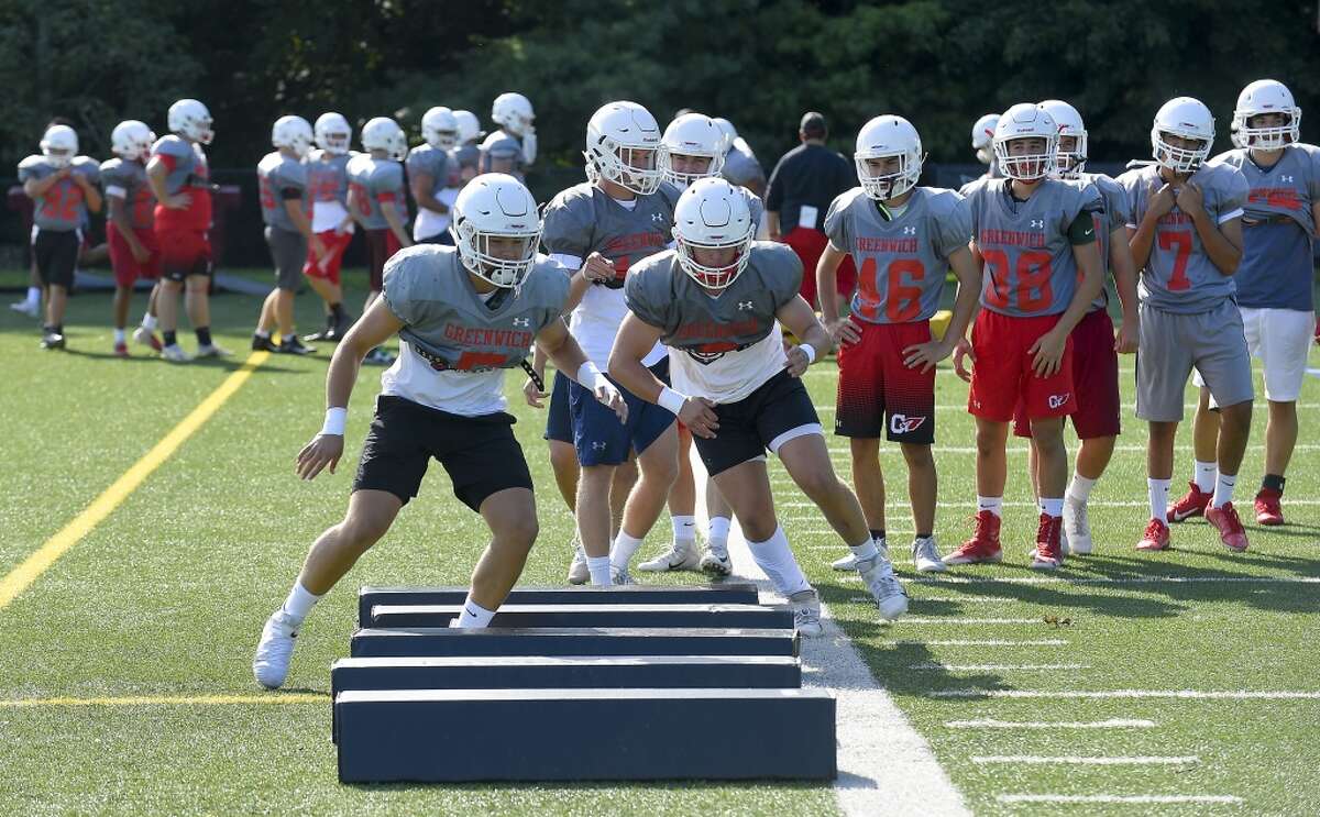 First day of conditioning/practice for Greenwich High School football, defending Class LL state champion, at the school in Greenwich, Conn. on August 26, 2019. (Photo Matthew Brown / Hearst Connecticut Media).
