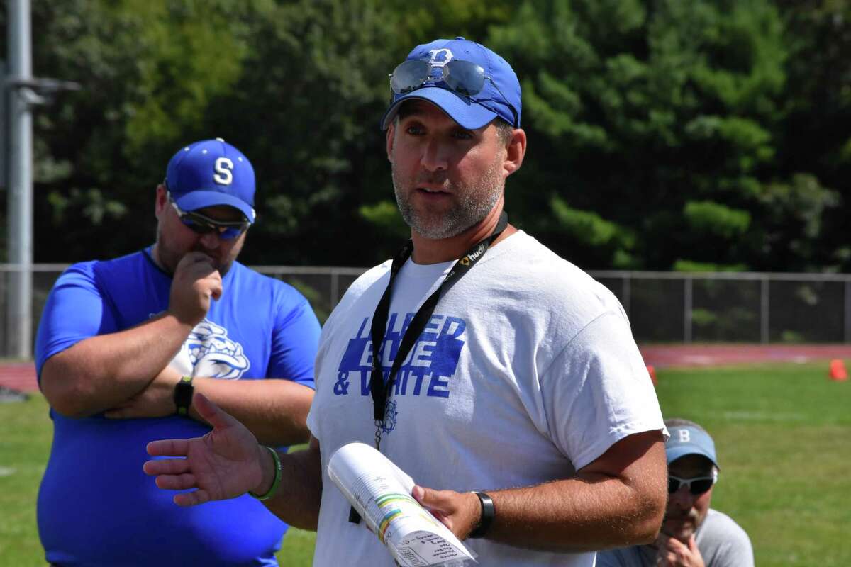 Stafford/East Windsor/Somers coach Brian Mazzone at a scrimmage at Stafford high school, Stafford on Saturday, August 31, 2019. (Pete Paguaga, Hearst Connecticut Media)