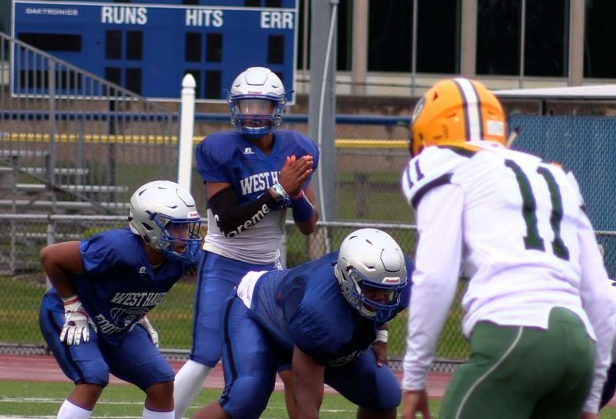 West Haven’s Andre Rentas lines up a quarterback during a scrimmage vs. New London last week. The former West Haven Seahawk returns for his senior year after stops at Bergen Catholic (NJ) and Eagle’s Landing (Ga.) (Photo Sean Patrick Bowley / GameTimeCT)