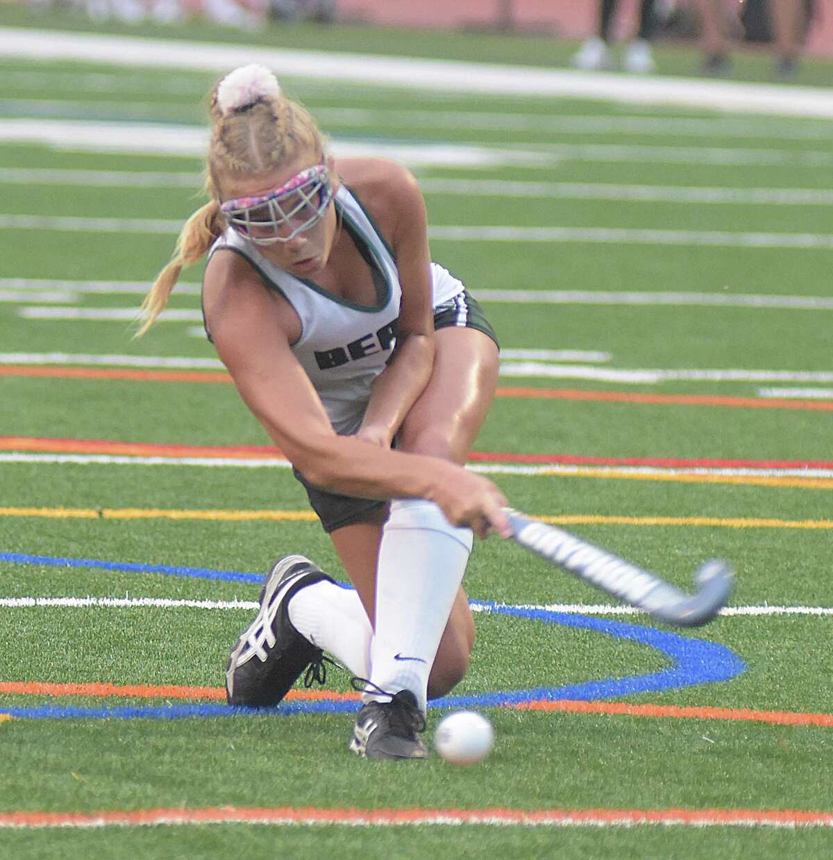 Norwalk’s Tessa Albrecht rips off a penalty stroke for her second goal of the game against Wilton during Tuesday’s FCIAC field hockey game at Testa Field in Norwalk. Wilton held on for a 6-5 win.