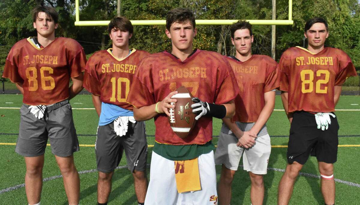 St. Joseph quarterback Jack Wallace is surrounded by a lot of talent at receiver with (from left), Owen DaSilva, Austin Jose, Brady Hutchison and Will Diamantis.