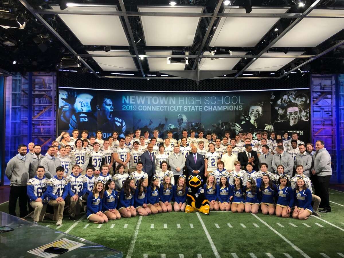 Members of the Newtown football team during their visit to NBC Sports on Sunday night for an interview at halftime of NBBC’s Sunday Night Football program.