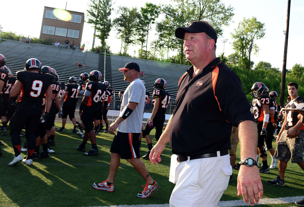 Shelton Head Coach Jeff Roy, during football scrimage action against Masuk in Shelton, Conn. on Wednesday August 27, 2014.