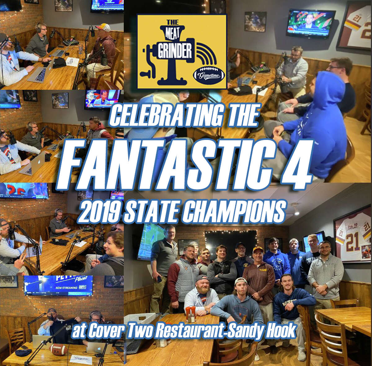 Collage of GameTimeCT hosts Pete Paguaga and Sean Patrick Bowley interviewing the 4 state champions Thursday, Dec. 19, 2019 at Cover Two Restaurant-Sandy Hook. (Photo via Cover Two)