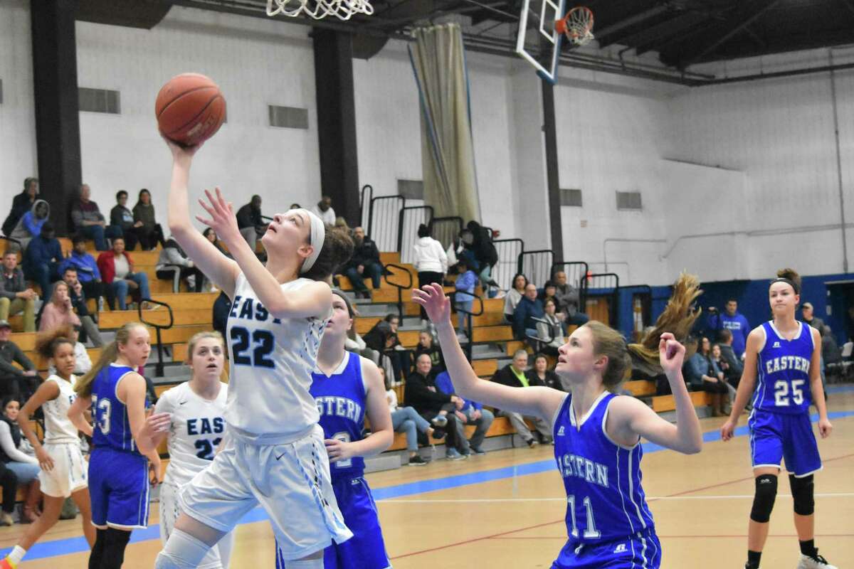 East Catholic’s Emily Jeamel takes a shot during the CCC tournament quarterfinals at Glastonbury high school on Saturday, Feb. 22, 2020. (Pete Paguaga, Hearst Connecticut Media)