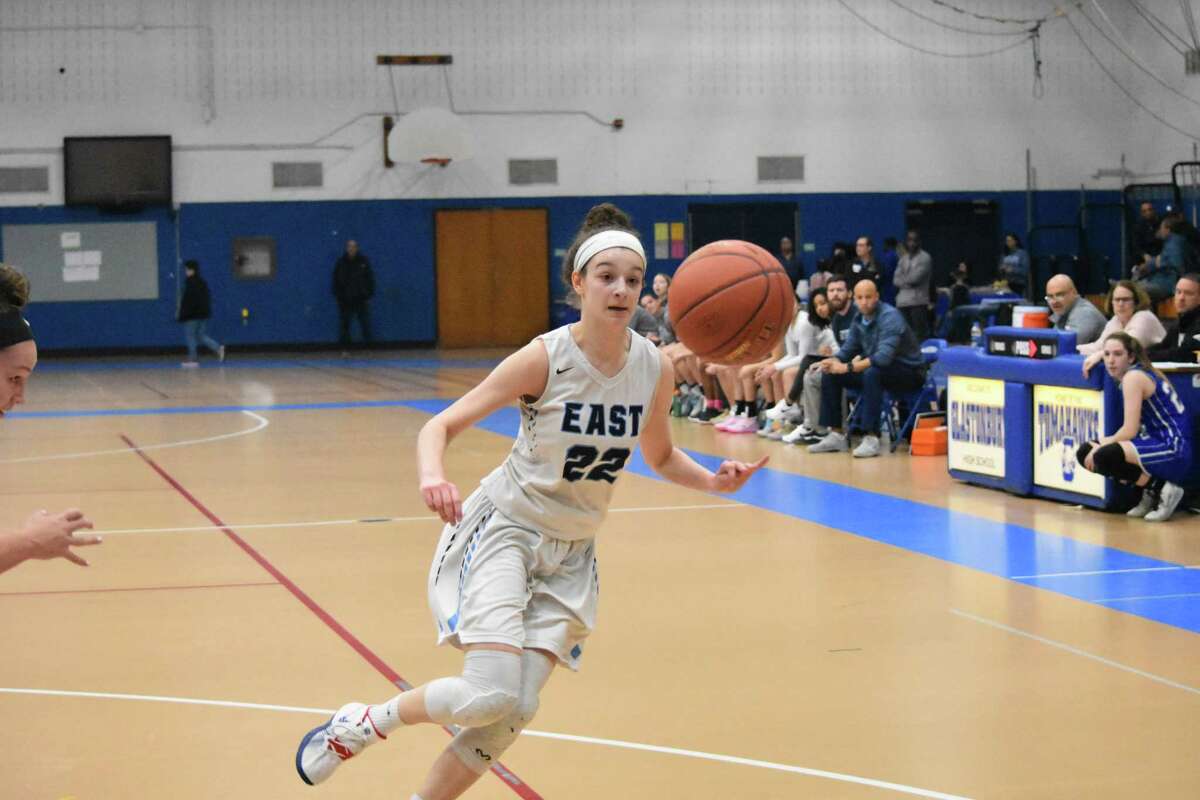 Action between East Catholic and Bristol Eastern during the CCC tournament quarterfinals at Glastonbury high school on Saturday, Feb. 22, 2020. (Pete Paguaga, Hearst Connecticut Media)