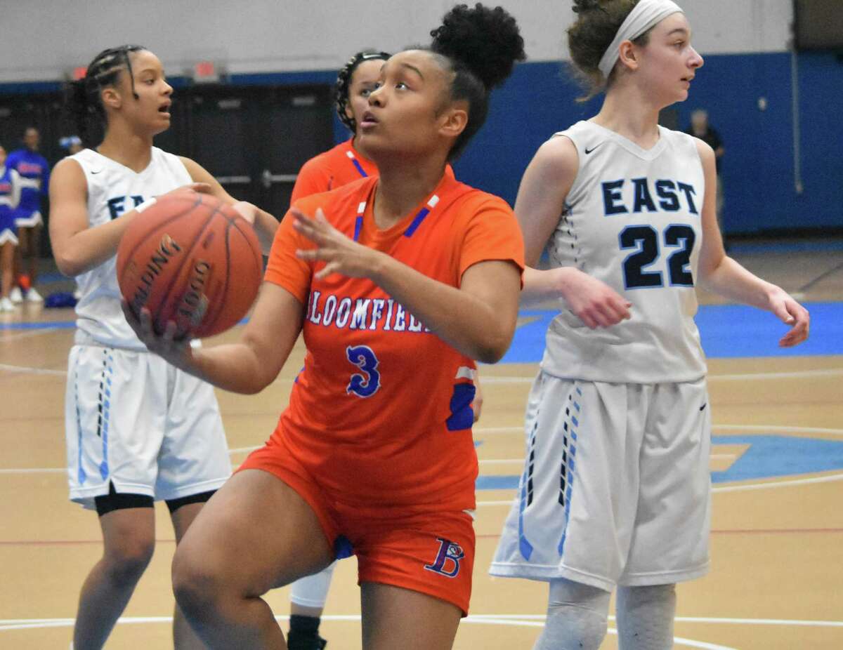 Bloomfield’s Aliyah Robinson goes for a layup during the CCC tournament semifinals at Glastonbury high school on Tuesday, February 25, 2020. (Pete Paguaga, Hearst Connecticut Media)