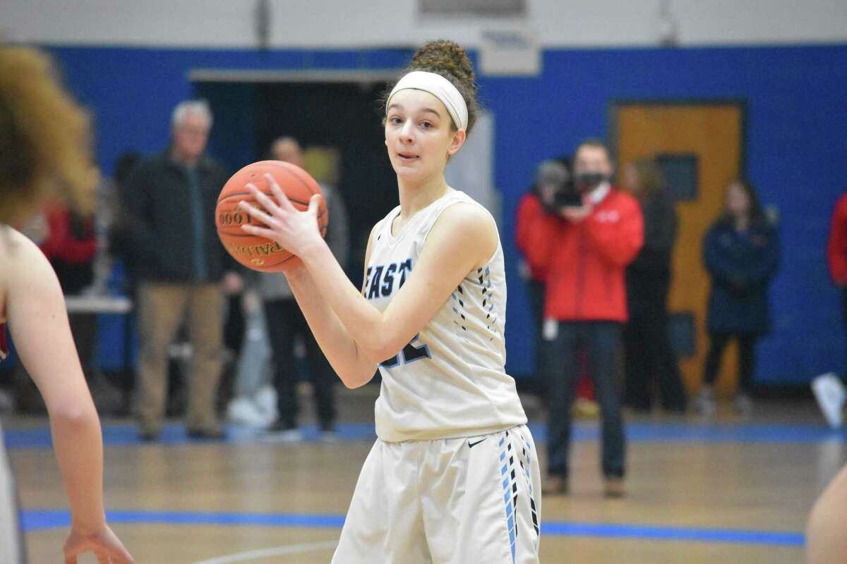 East Catholic’s Emily Jeamel looks to make a pass during the CCC tournament championship game at Glastonbury high school on Thursday, February 27, 2020. (Pete Paguaga, Hearst Connecticut Media)
