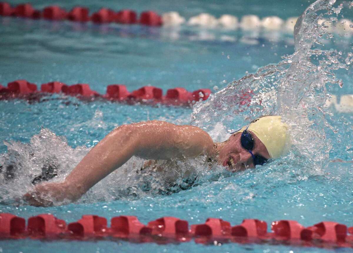 Weston's Alexa Pappas swims the 100 yard freestyle during the Girls SWC Swimming Championships, Saturday afternoon, October 27, 2018, at Masuk High School, Monroe, Conn.