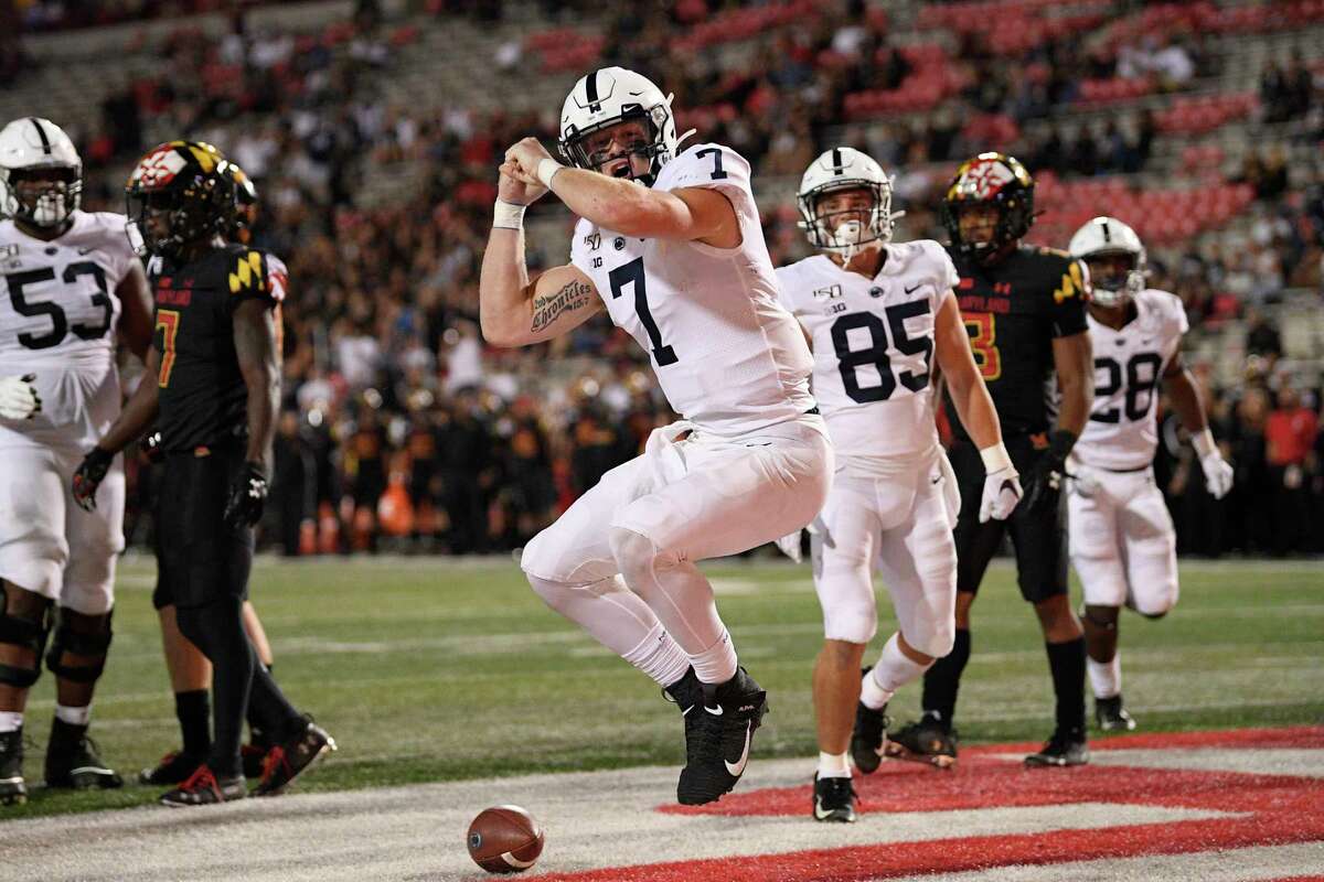 Penn State quarterback Will Levis (7) celebrates his touchdown during the second half of an NCAA college football game against Maryland, Friday, Sept. 27, 2019, in College Park, Md. Penn State won 59-0. (AP Photo/Nick Wass)