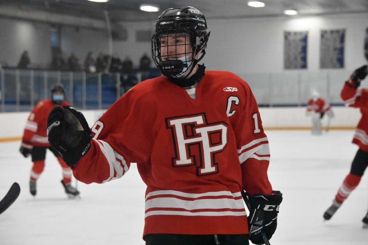 Fairfield Prep’s Mason Whitney celebrates after scoring his first goal of the game against Notre Dame-West Haven during an ice hockey game at Bennett Rink, West Haven on Wednesday, March 10, 2021. (File photo)