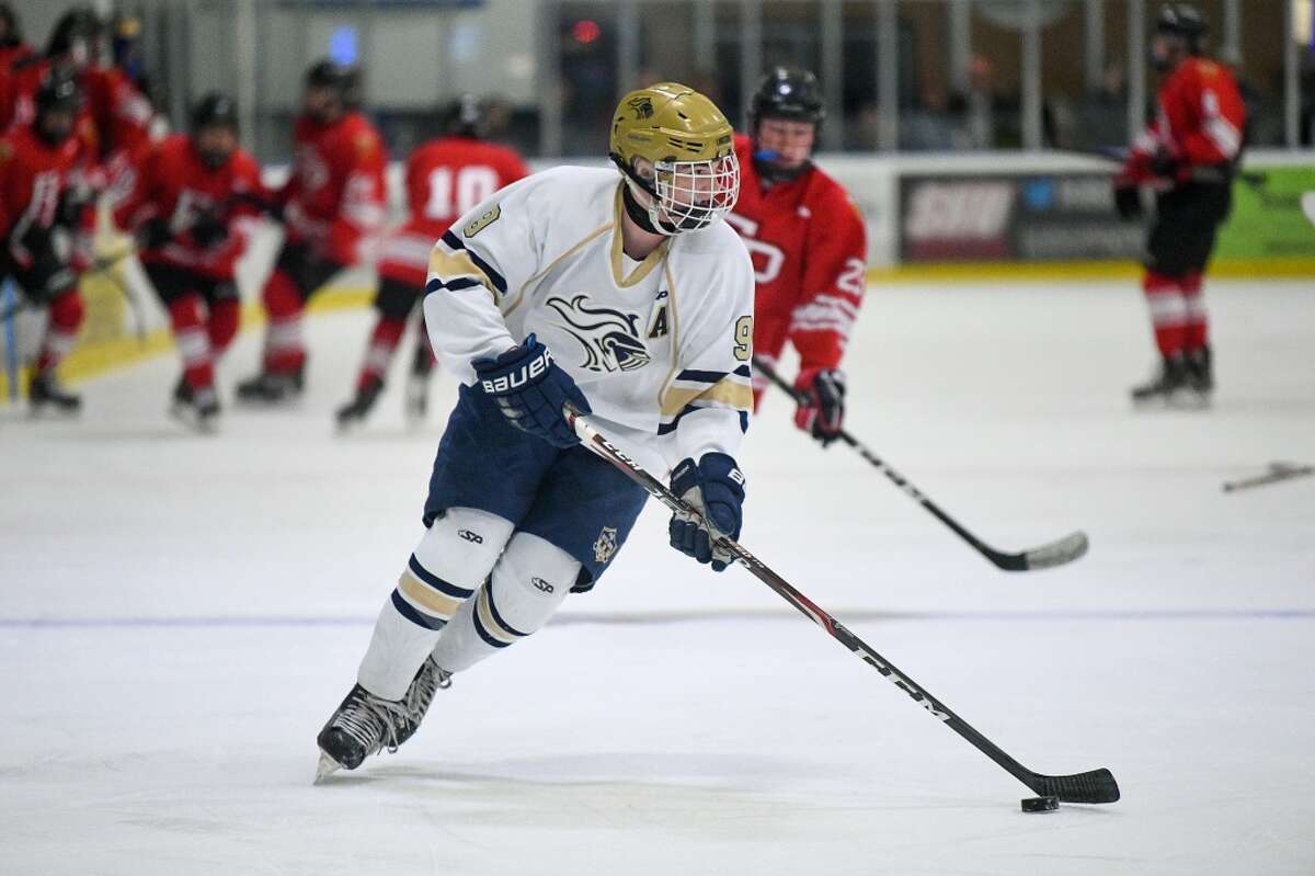 Notre Dame Fairfield Captain Brian Essing (9) looks for an opening against the Fairfield Prep Jesuits on Wednesday January 8, 2020 at The Rinks in Shelton, Connecticut.