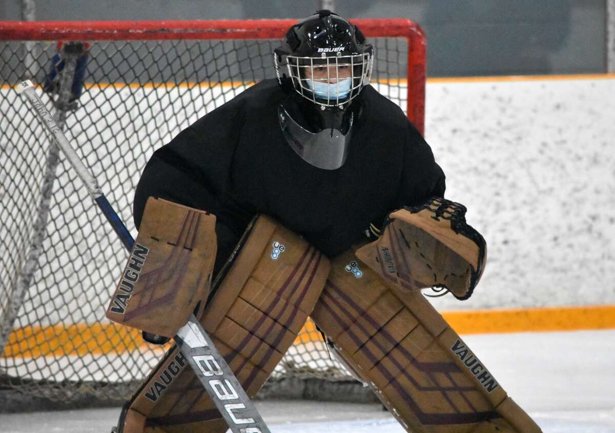 BBD goalie Louie Alfidi during practice at the Danbury Ice Arena on Monday, March 1, 2021.